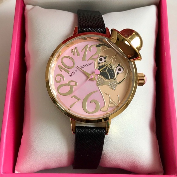 Betsey Johnson Pink Pug in a Hat Black Strap Watch - Picture 5 of 8